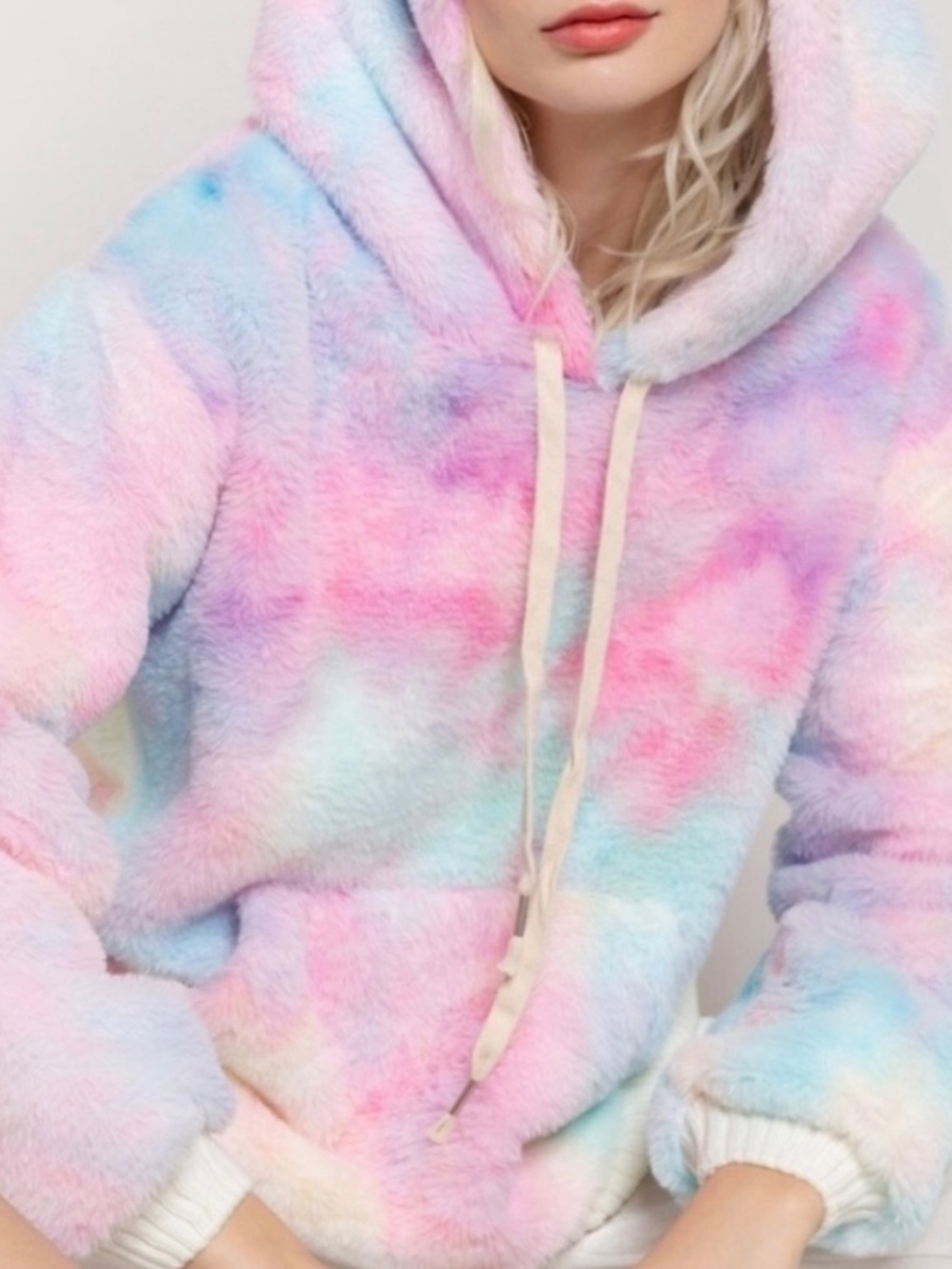 POL‎ Cotton Candy Sherpa Hand Dip Dyed Fuzzy Ultra Soft Hoodie size Large